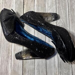 Irregular Choice Black Sequin Bow Pumps with Clear Block Heels